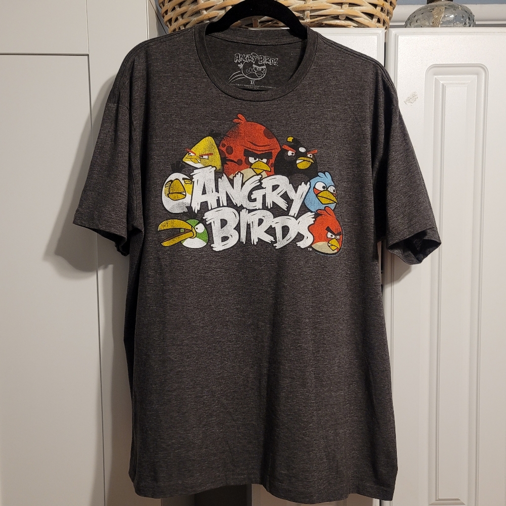 Vtg Men's Gray T-Shirt FIFTH SUN ANGRY BIRDS Graphic Short Sleeve Crew Neck XL
